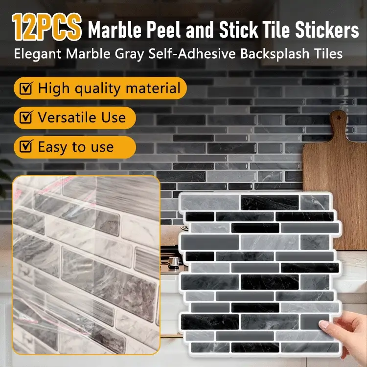 Peel & Stick PVC Backsplash Tiles — 12-Pack (4.7″ × 9.7″ Tiles)